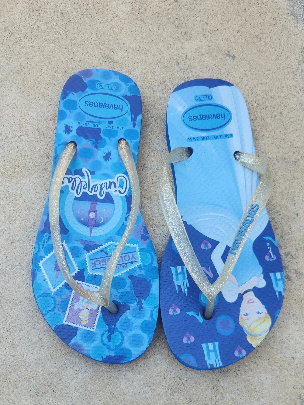 Havaianas Disney Cinderella Flip Flops Blue Glitter Straps Size 3/4 Kids Girls